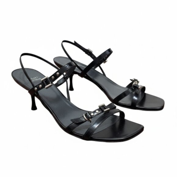 Stuart Weitzman Black Strappy Sandals Size 11M Leather Square Toe Heel Buckle - Picture 1 of 13